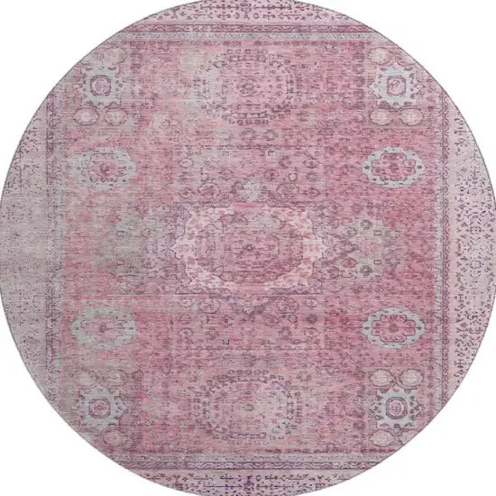 8' Pink And Gray Oriental Washable Round Rug With UV Protection Photo 2