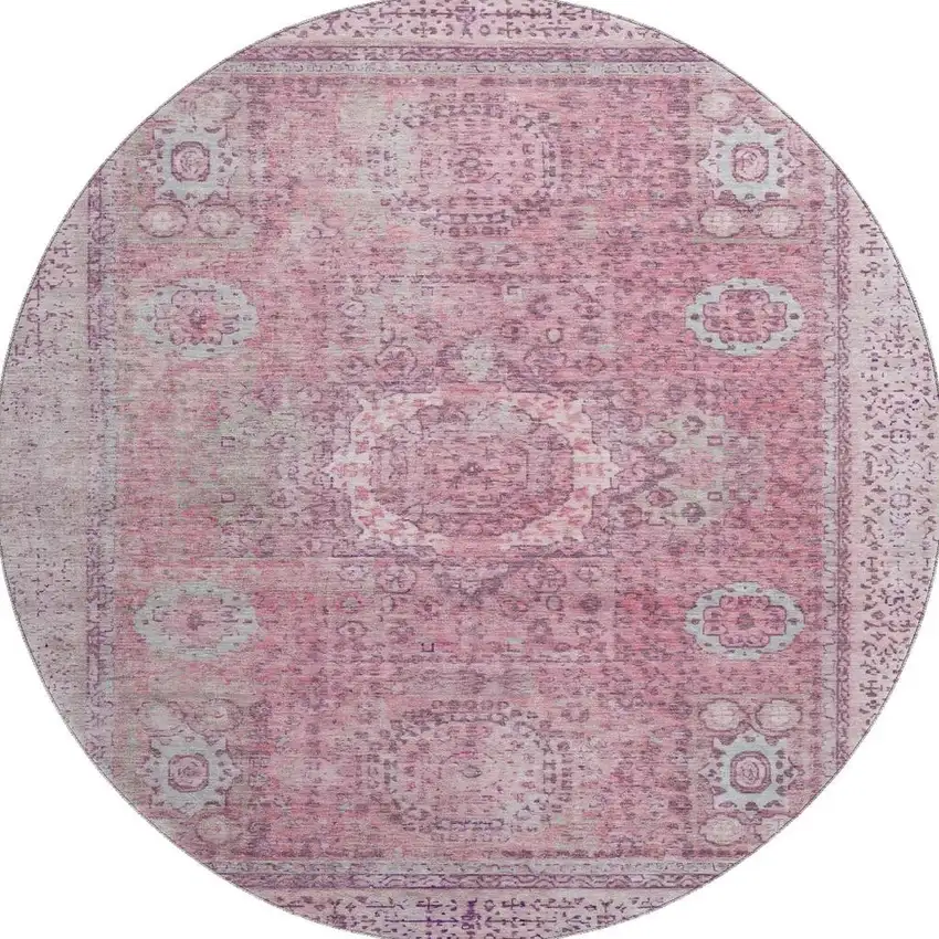8' Pink And Gray Oriental Washable Round Rug With UV Protection Photo 2