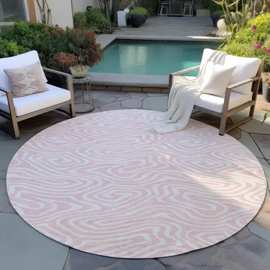 8' Pink And Gray Round Abstract Washable Indoor Outdoor Area Rug Photo 7