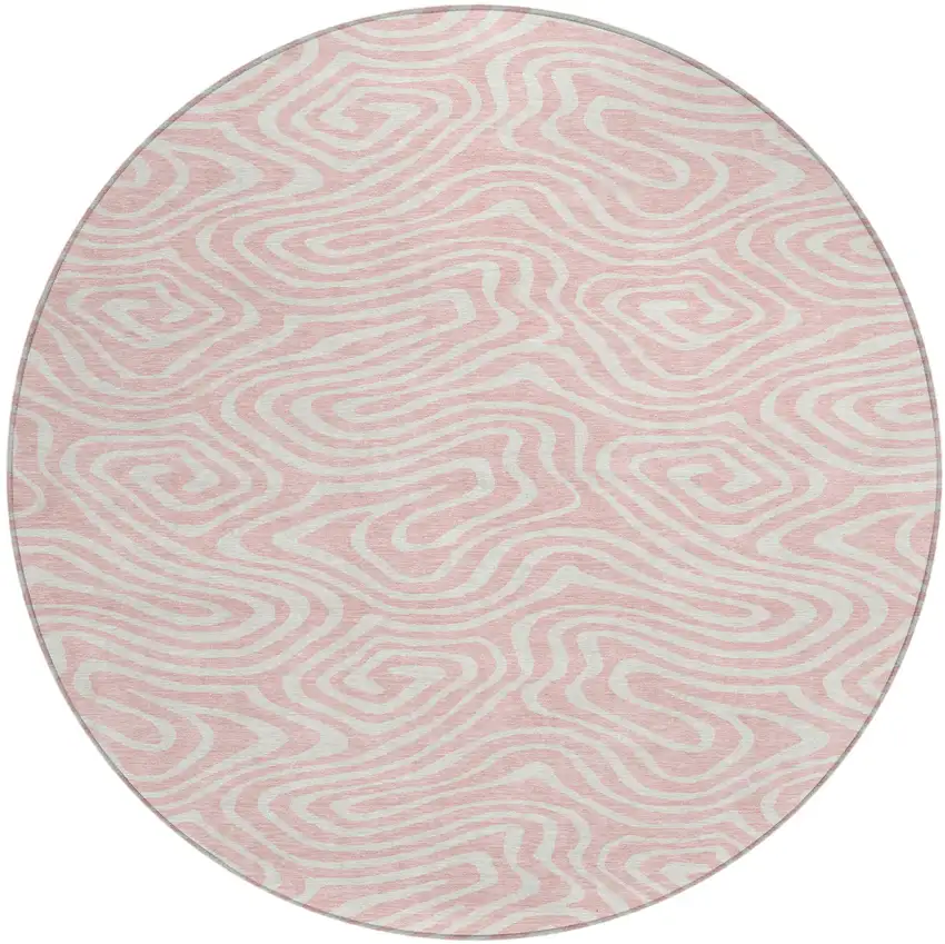 8' Pink And Gray Round Abstract Washable Indoor Outdoor Area Rug Photo 2