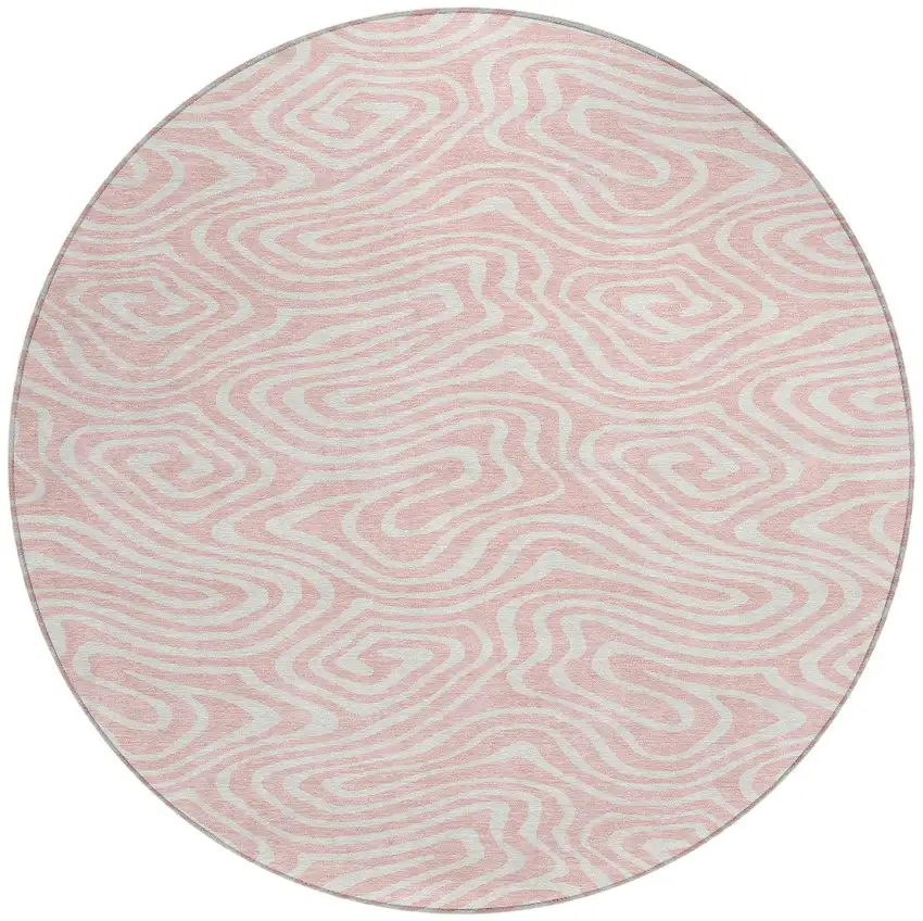 8' Pink And Gray Round Abstract Washable Indoor Outdoor Area Rug Photo 6