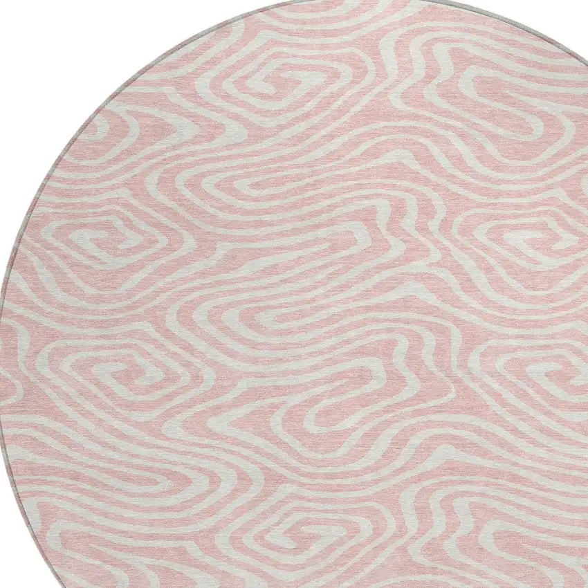 8' Pink And Gray Round Abstract Washable Indoor Outdoor Area Rug Photo 5