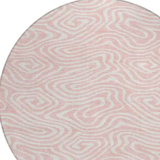 8' Pink And Gray Round Abstract Washable Indoor Outdoor Area Rug Photo 5
