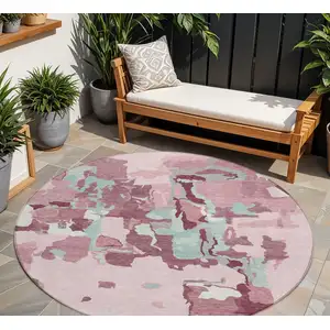 Photo of 8' Pink And Gray Round Abstract Washable Indoor Outdoor Area Rug