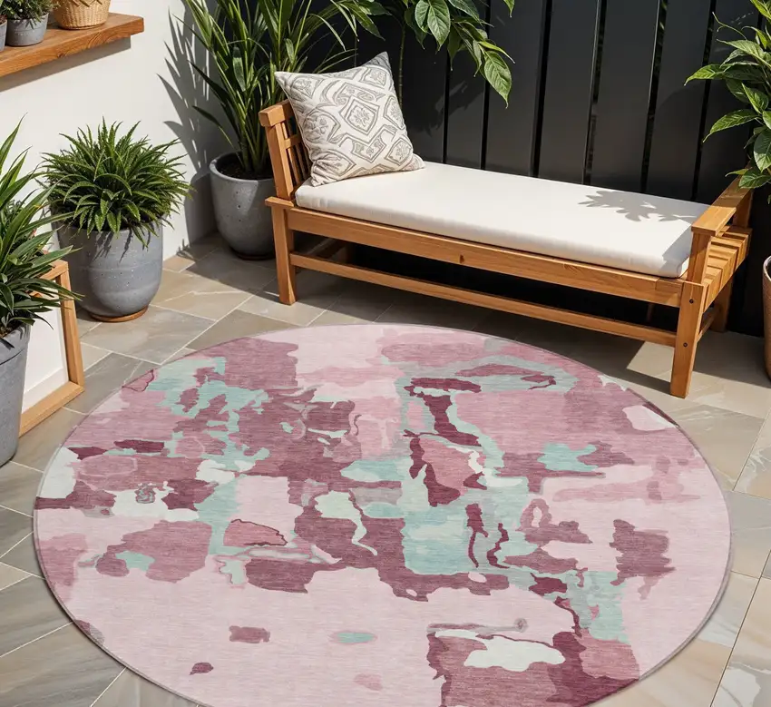 8' Pink And Gray Round Abstract Washable Indoor Outdoor Area Rug Photo 1
