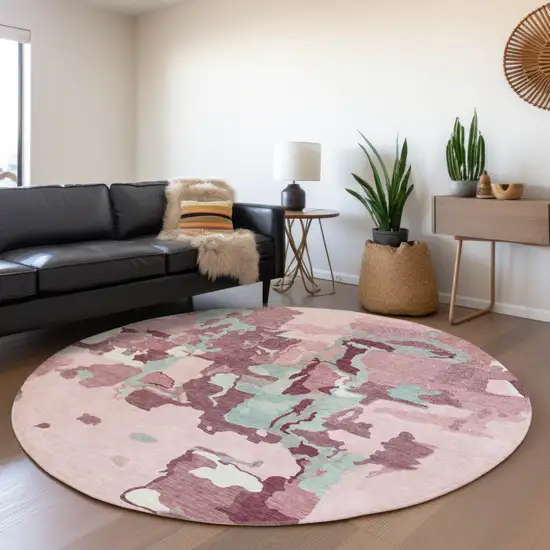 8' Pink And Gray Round Abstract Washable Indoor Outdoor Area Rug Photo 9
