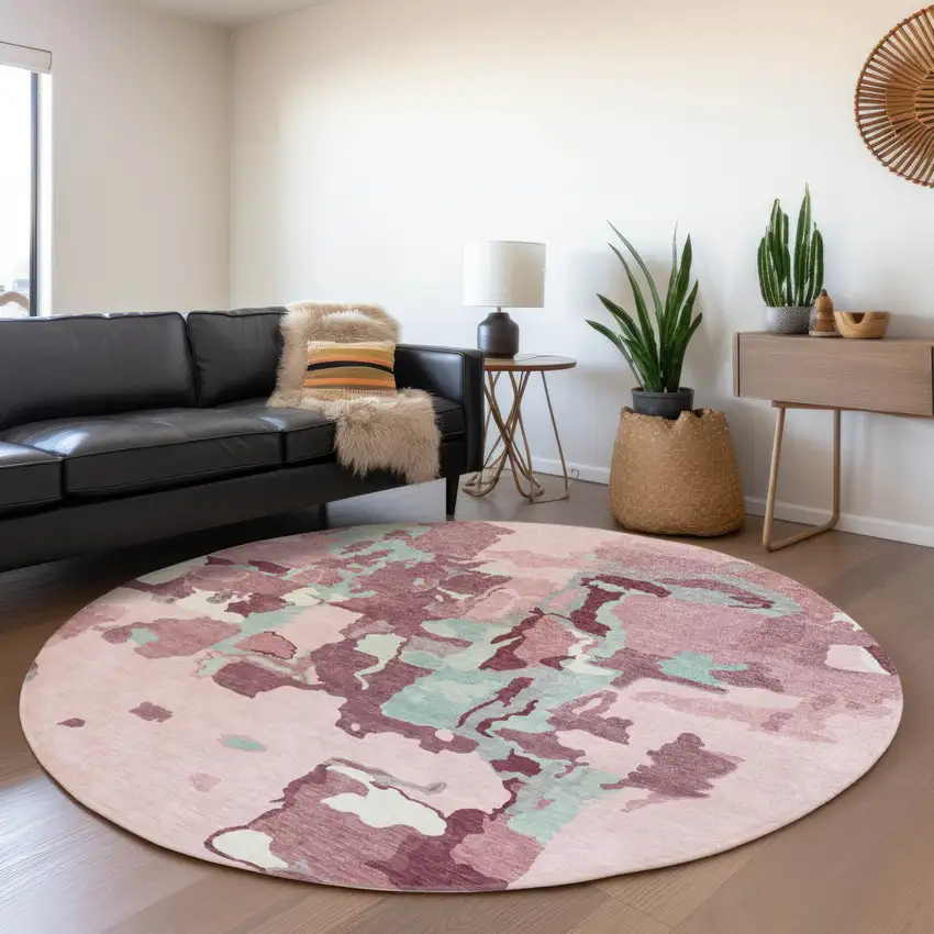 8' Pink And Gray Round Abstract Washable Indoor Outdoor Area Rug Photo 9