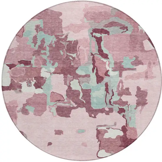 8' Pink And Gray Round Abstract Washable Indoor Outdoor Area Rug Photo 7