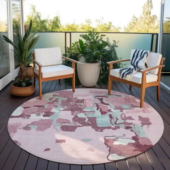 8' Pink And Gray Round Abstract Washable Indoor Outdoor Area Rug Photo 8