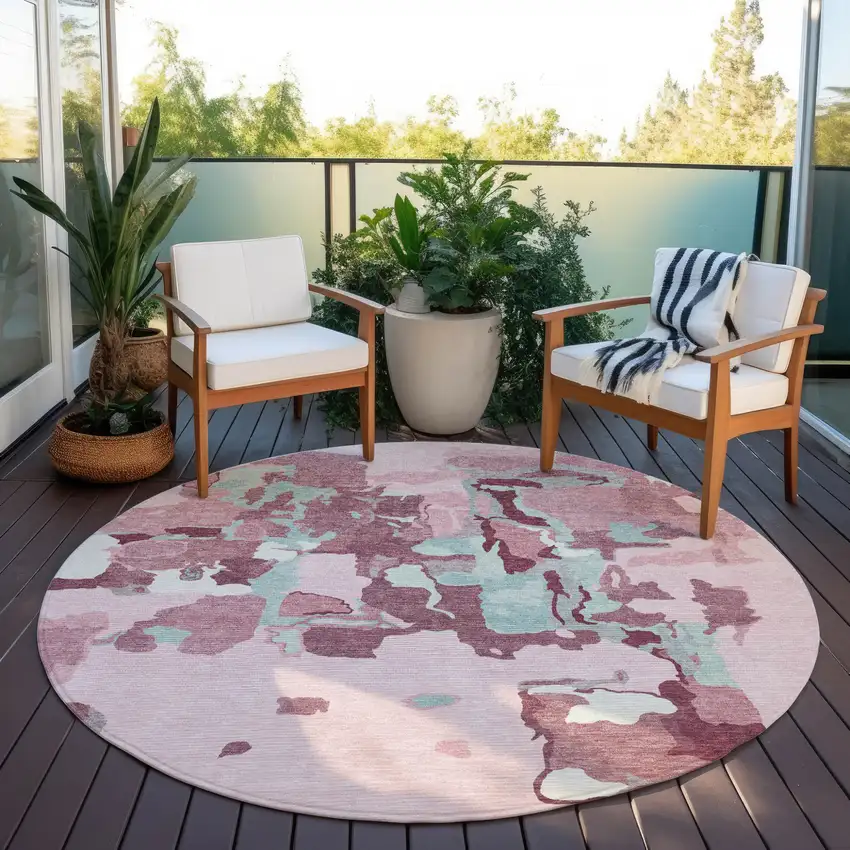8' Pink And Gray Round Abstract Washable Indoor Outdoor Area Rug Photo 8