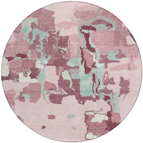 8' Pink And Gray Round Abstract Washable Indoor Outdoor Area Rug Photo 2