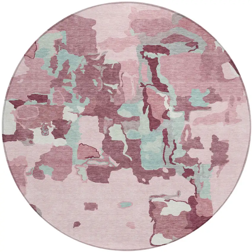 8' Pink And Gray Round Abstract Washable Indoor Outdoor Area Rug Photo 2