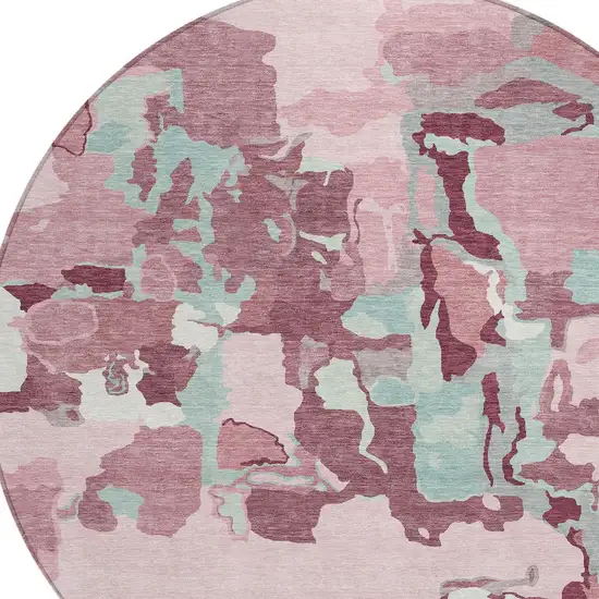 8' Pink And Gray Round Abstract Washable Indoor Outdoor Area Rug Photo 6