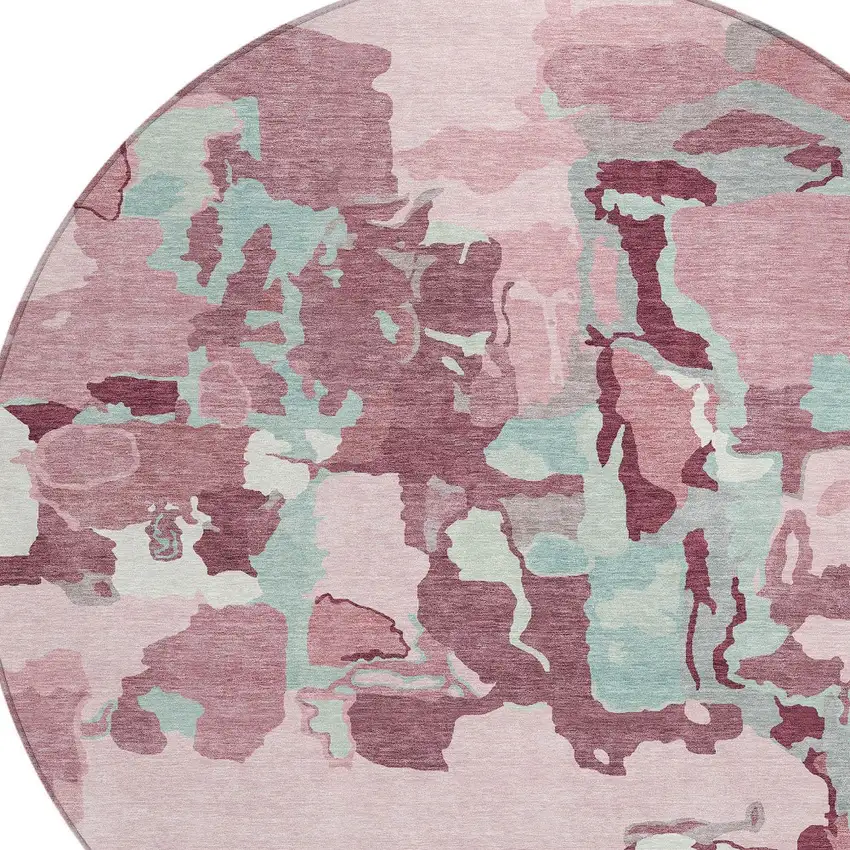 8' Pink And Gray Round Abstract Washable Indoor Outdoor Area Rug Photo 6