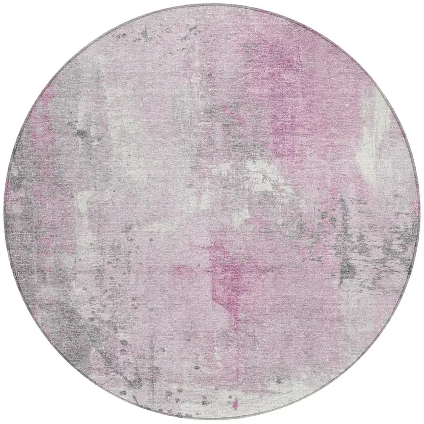 8' Pink And Gray Round Abstract Washable Indoor Outdoor Area Rug Photo 3
