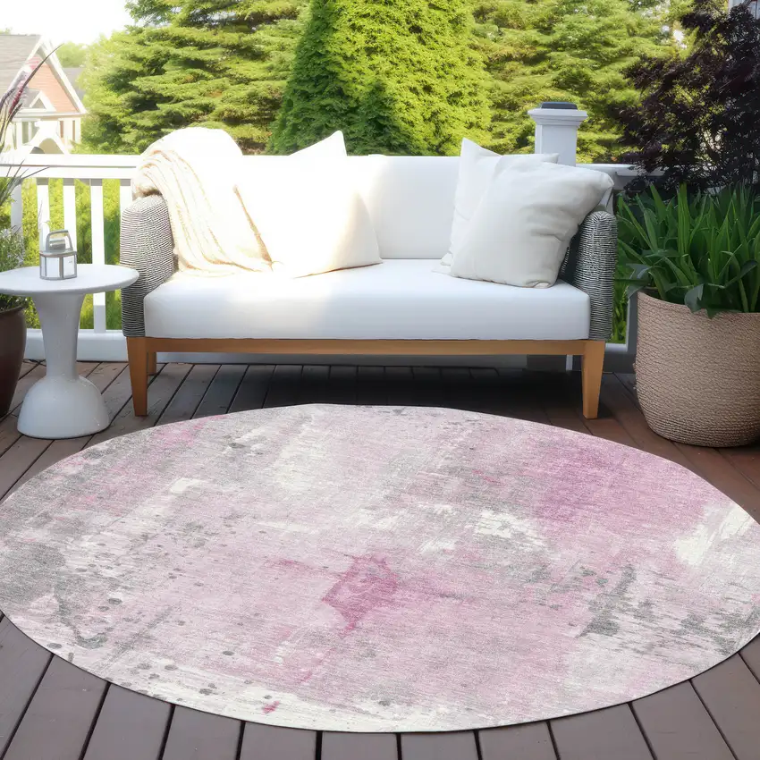 8' Pink And Gray Round Abstract Washable Indoor Outdoor Area Rug Photo 6