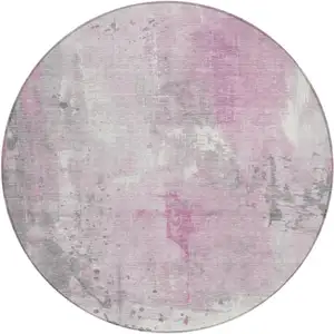 Photo of 8' Pink And Gray Round Abstract Washable Indoor Outdoor Area Rug