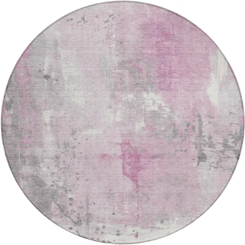 8' Pink And Gray Round Abstract Washable Indoor Outdoor Area Rug Photo 1