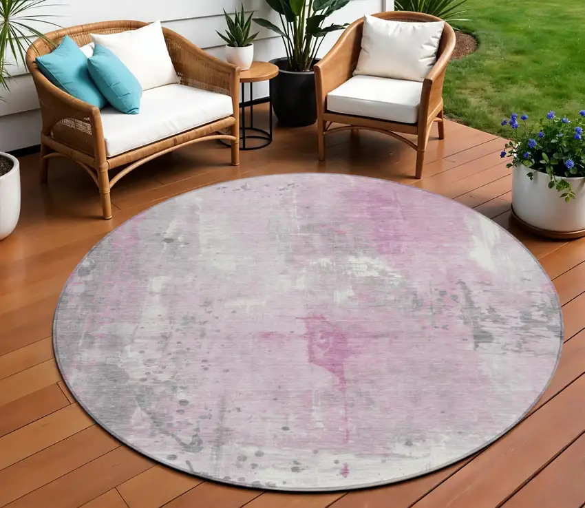 8' Pink And Gray Round Abstract Washable Indoor Outdoor Area Rug Photo 2