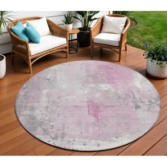 8' Pink And Gray Round Abstract Washable Indoor Outdoor Area Rug Photo 2