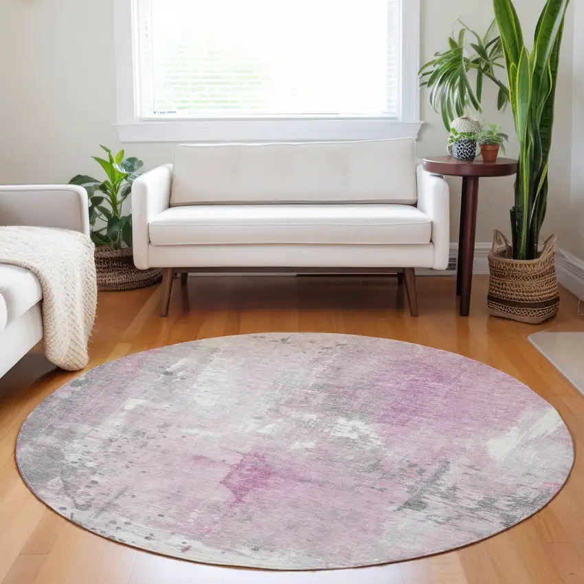 8' Pink And Gray Round Abstract Washable Indoor Outdoor Area Rug Photo 7