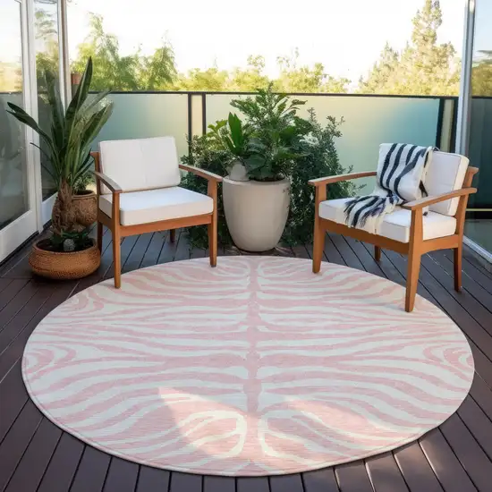 8' Pink And Gray Round Animal Print Washable Indoor Outdoor Area Rug Photo 6