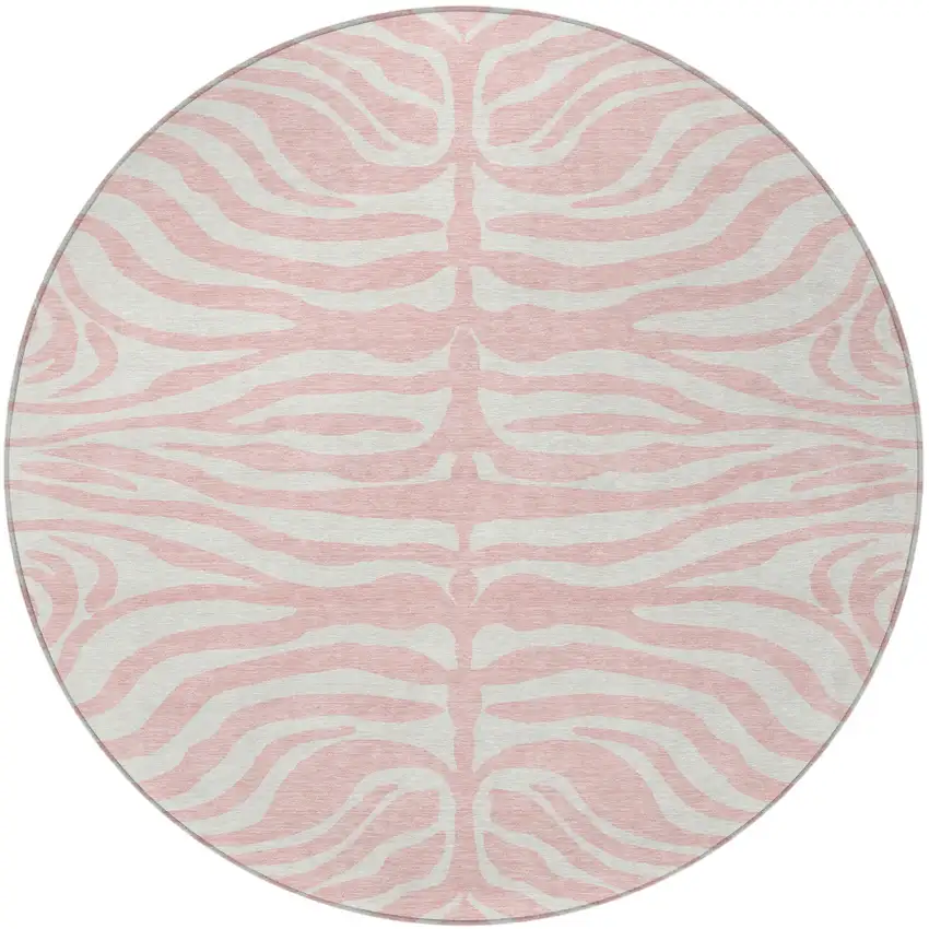 8' Pink And Gray Round Animal Print Washable Indoor Outdoor Area Rug Photo 5