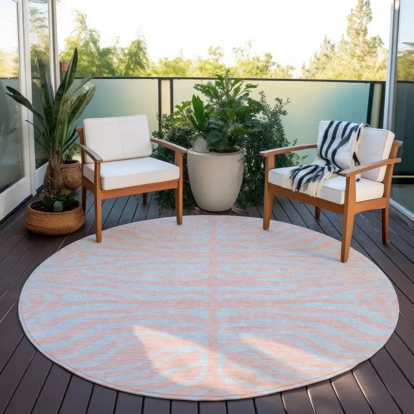 8' Pink And Gray Round Animal Print Washable Indoor Outdoor Area Rug Photo 7