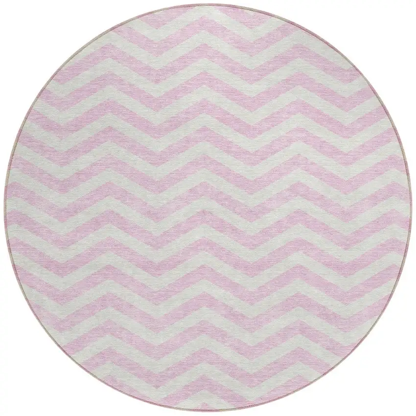 8' Pink And Gray Round Chevron Washable Indoor Outdoor Area Rug Photo 6