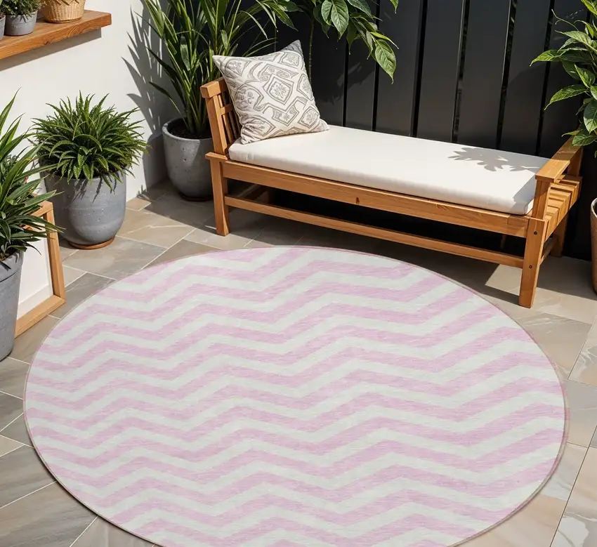 8' Pink And Gray Round Chevron Washable Indoor Outdoor Area Rug Photo 1