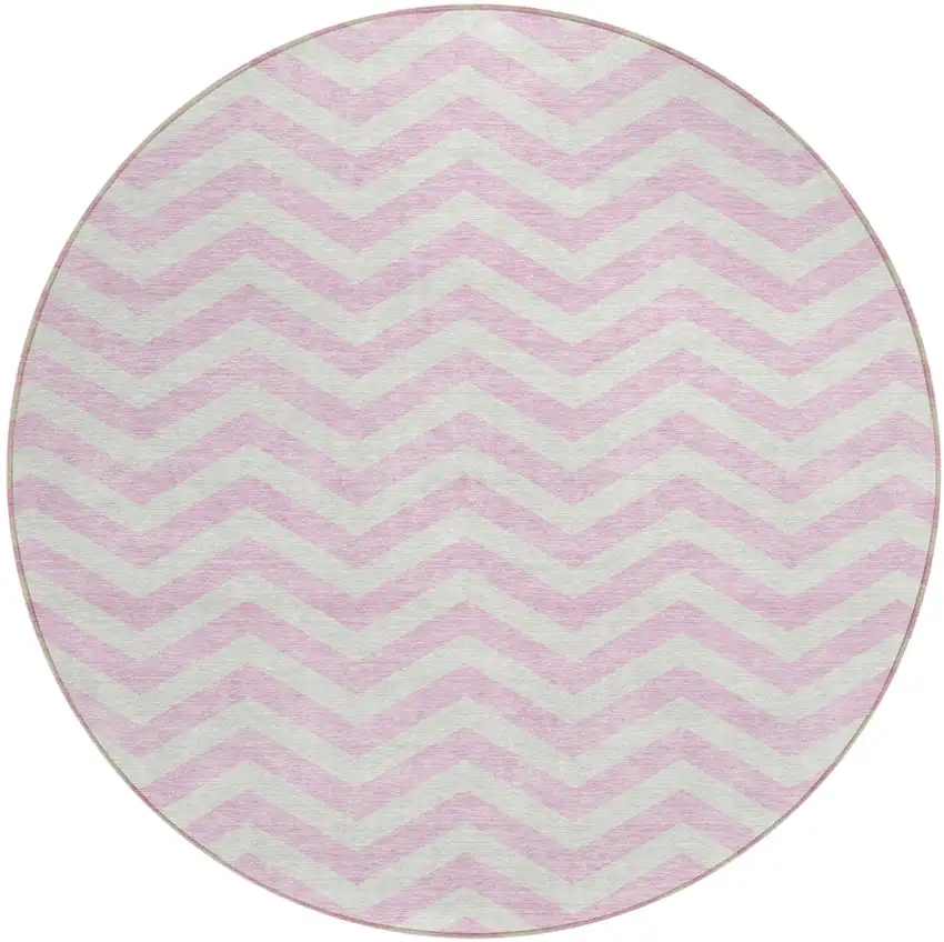8' Pink And Gray Round Chevron Washable Indoor Outdoor Area Rug Photo 2