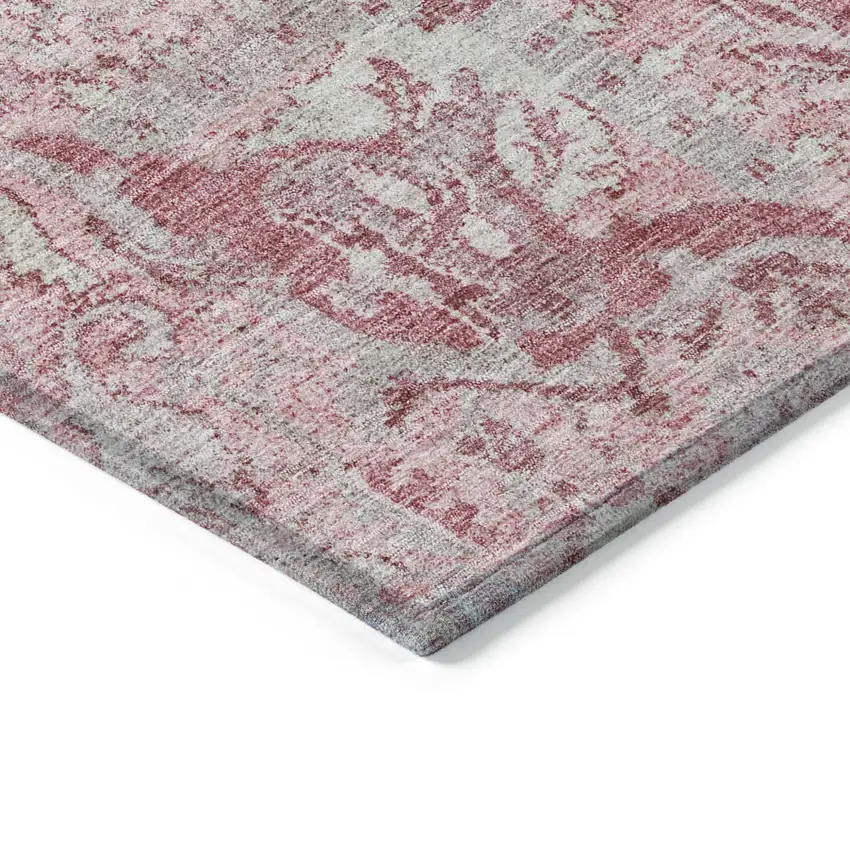 8' Pink And Gray Round Damask Washable Indoor Outdoor Area Rug Photo 4