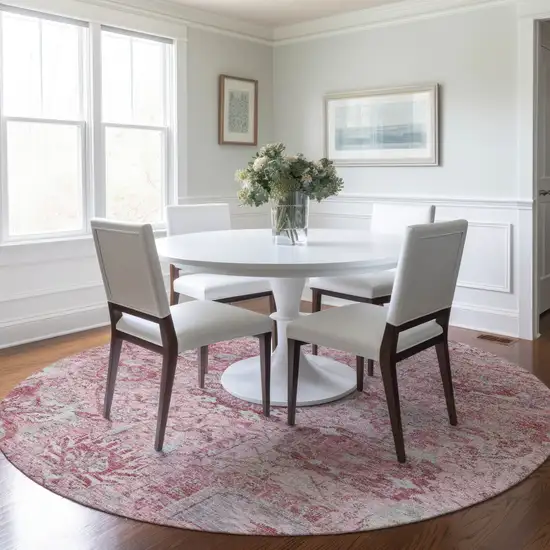 8' Pink And Gray Round Damask Washable Indoor Outdoor Area Rug Photo 8