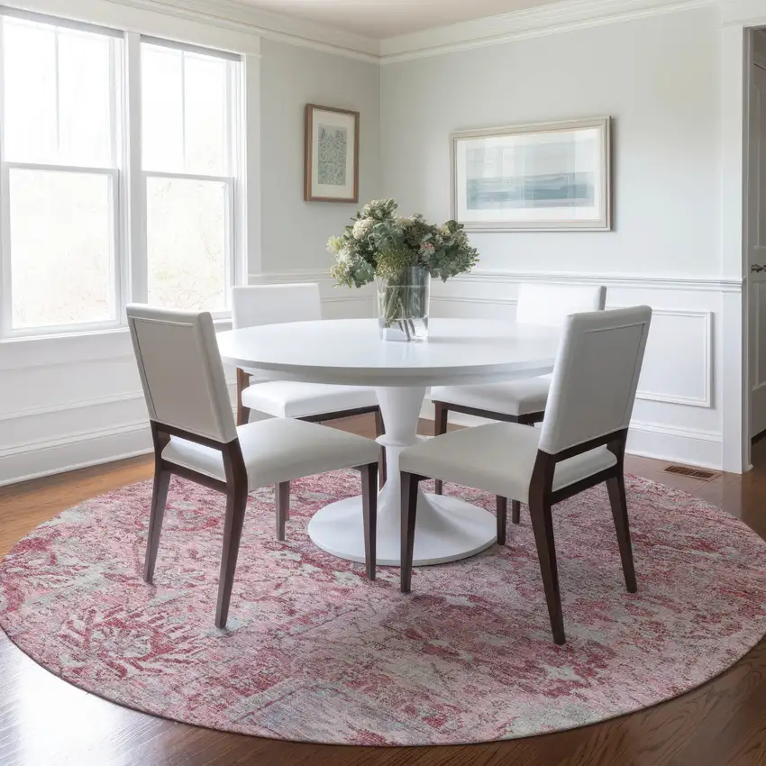 8' Pink And Gray Round Damask Washable Indoor Outdoor Area Rug Photo 8