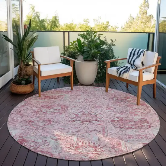 8' Pink And Gray Round Damask Washable Indoor Outdoor Area Rug Photo 7