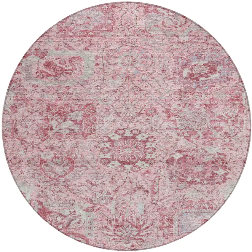 8' Pink And Gray Round Damask Washable Indoor Outdoor Area Rug Photo 2