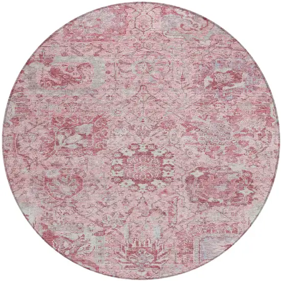 8' Pink And Gray Round Damask Washable Indoor Outdoor Area Rug Photo 2