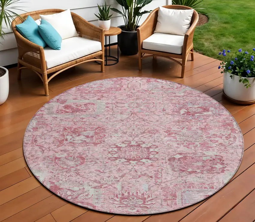 8' Pink And Gray Round Damask Washable Indoor Outdoor Area Rug Photo 1