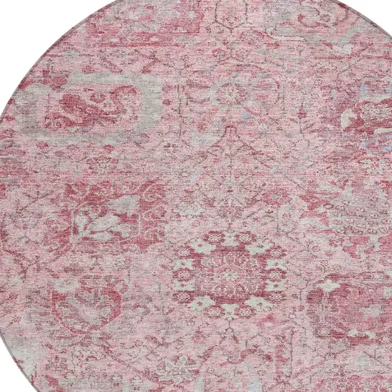 8' Pink And Gray Round Damask Washable Indoor Outdoor Area Rug Photo 5