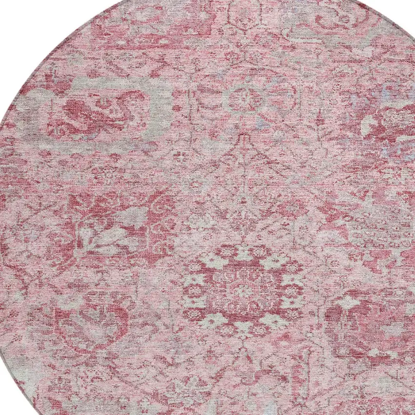 8' Pink And Gray Round Damask Washable Indoor Outdoor Area Rug Photo 5