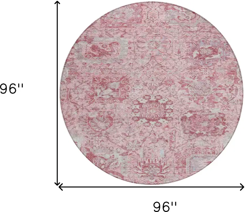 8' Pink And Gray Round Damask Washable Indoor Outdoor Area Rug Photo 9