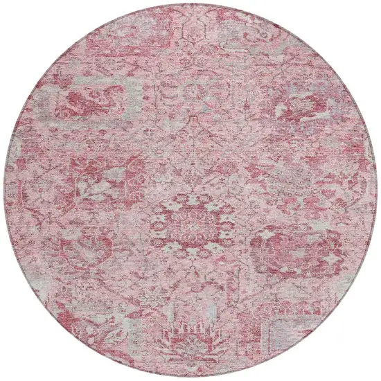 8' Pink And Gray Round Damask Washable Indoor Outdoor Area Rug Photo 6