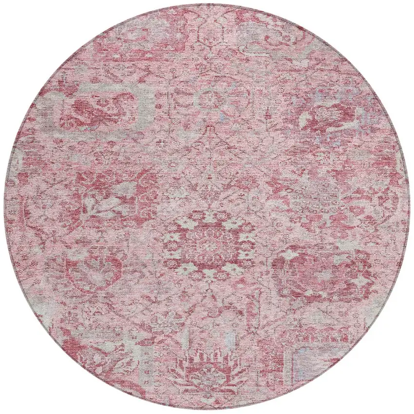 8' Pink And Gray Round Damask Washable Indoor Outdoor Area Rug Photo 6