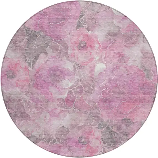 8' Pink And Gray Round Floral Washable Indoor Outdoor Area Rug Photo 1