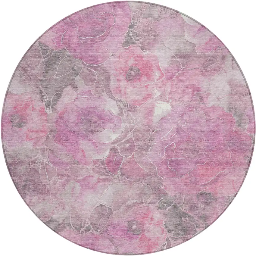 8' Pink And Gray Round Floral Washable Indoor Outdoor Area Rug Photo 1