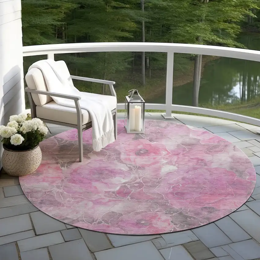 8' Pink And Gray Round Floral Washable Indoor Outdoor Area Rug Photo 5