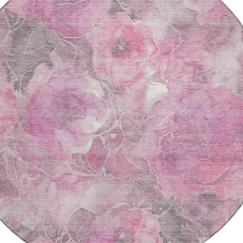 8' Pink And Gray Round Floral Washable Indoor Outdoor Area Rug Photo 8