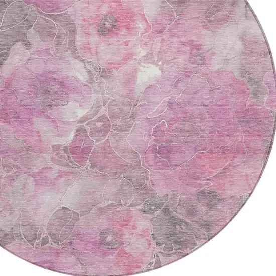 8' Pink And Gray Round Floral Washable Indoor Outdoor Area Rug Photo 4