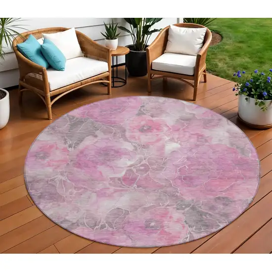 8' Pink And Gray Round Floral Washable Indoor Outdoor Area Rug Photo 2