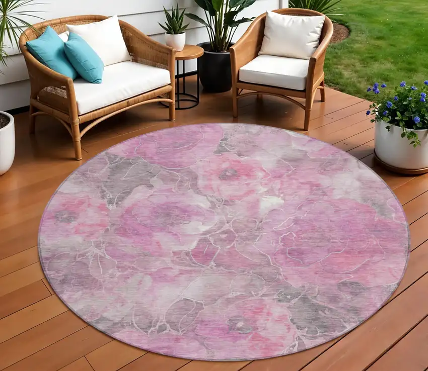 8' Pink And Gray Round Floral Washable Indoor Outdoor Area Rug Photo 2